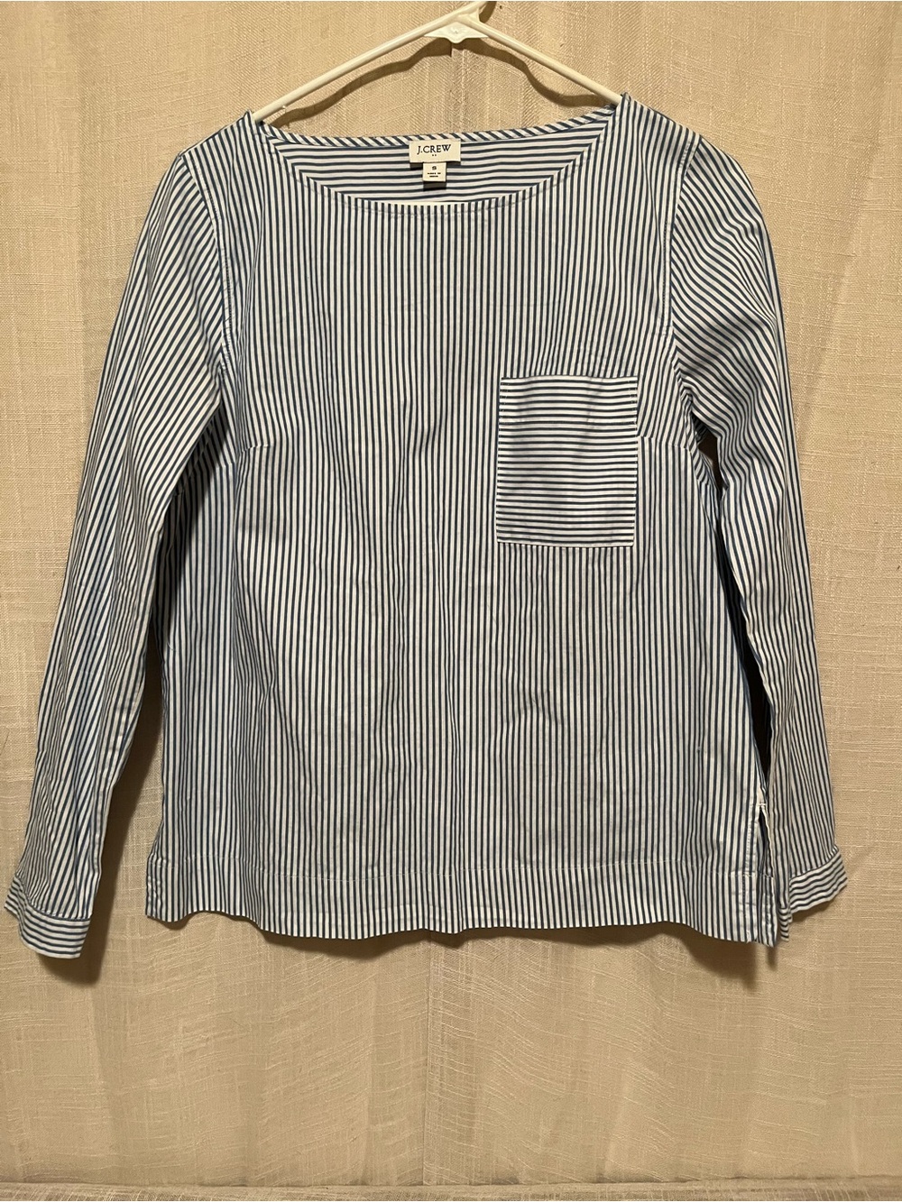 J.Crew Blue White Pinstripe Organic Cotton Popover Blouse Top Coastal Preppy